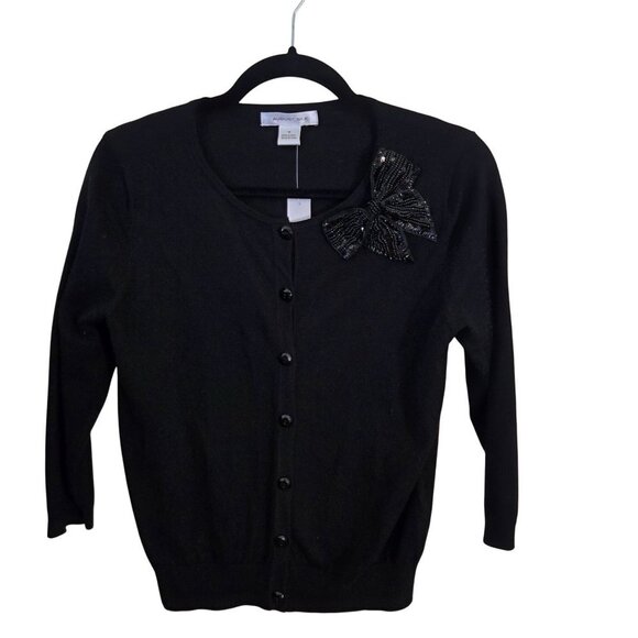 August Silk NWT Black Beaded Bow 3/4 Sleeve Cardigan Sweater Size M - Picture 1 of 6